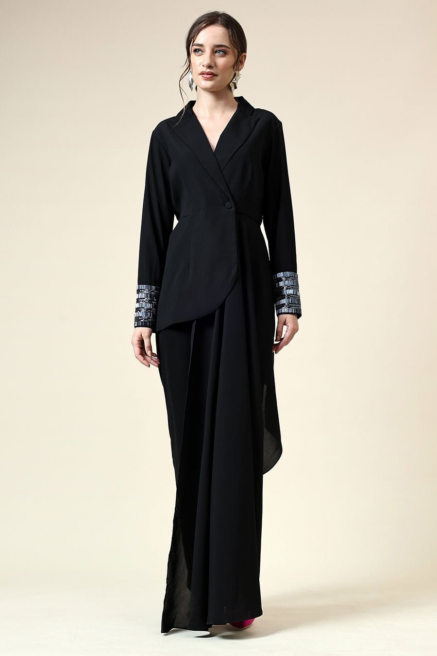 Black Draped Blazer Tunic and Straight Pant Co-ord Set