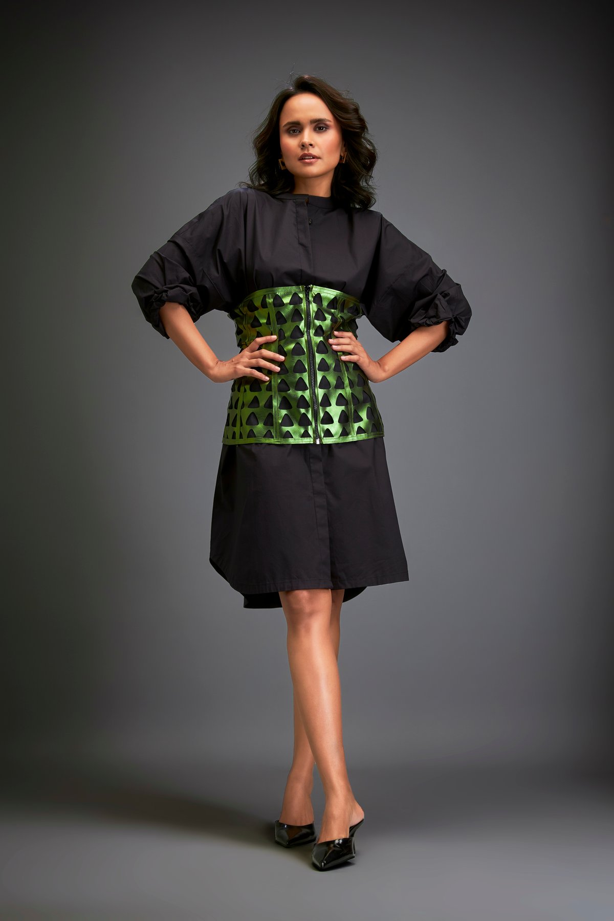 Shirtdress With Metallic Corset And Geometric Cutout Detailing