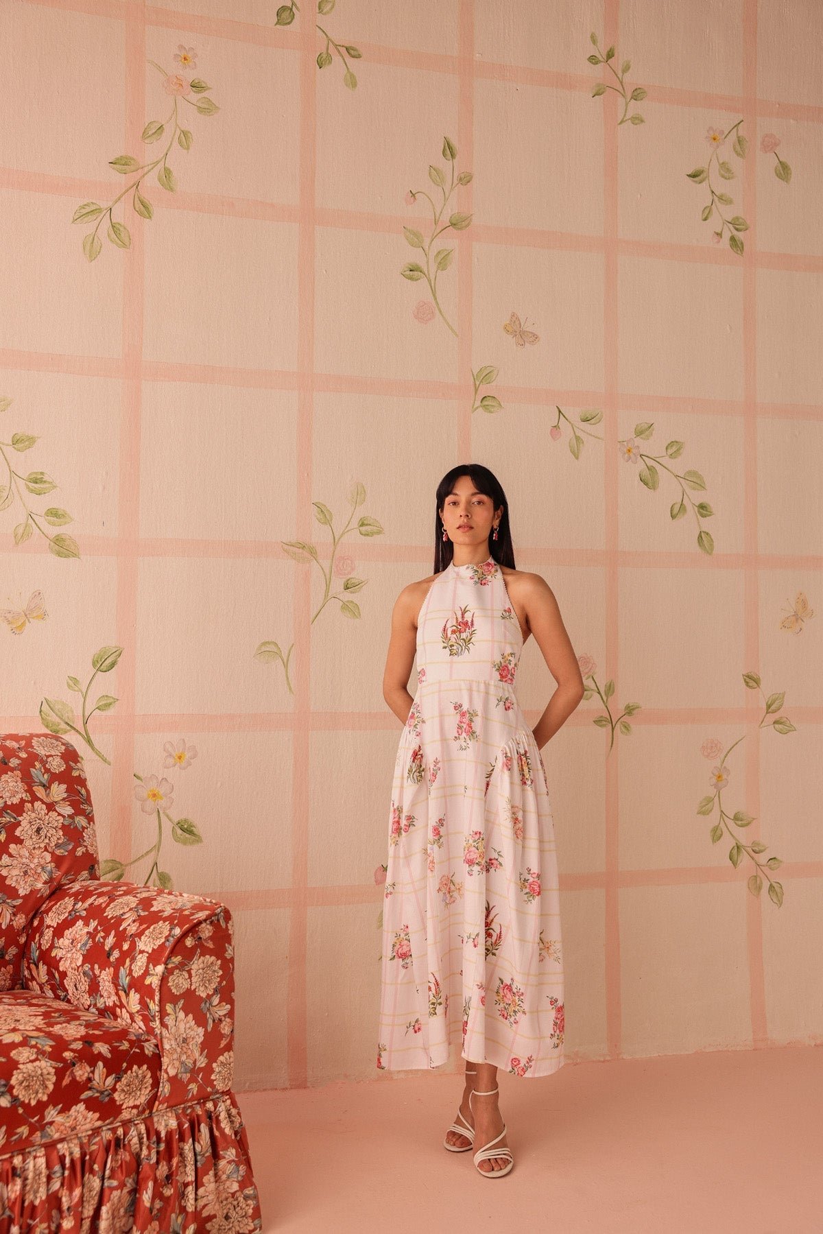White Floral Check Halter Neck Maxi Dress