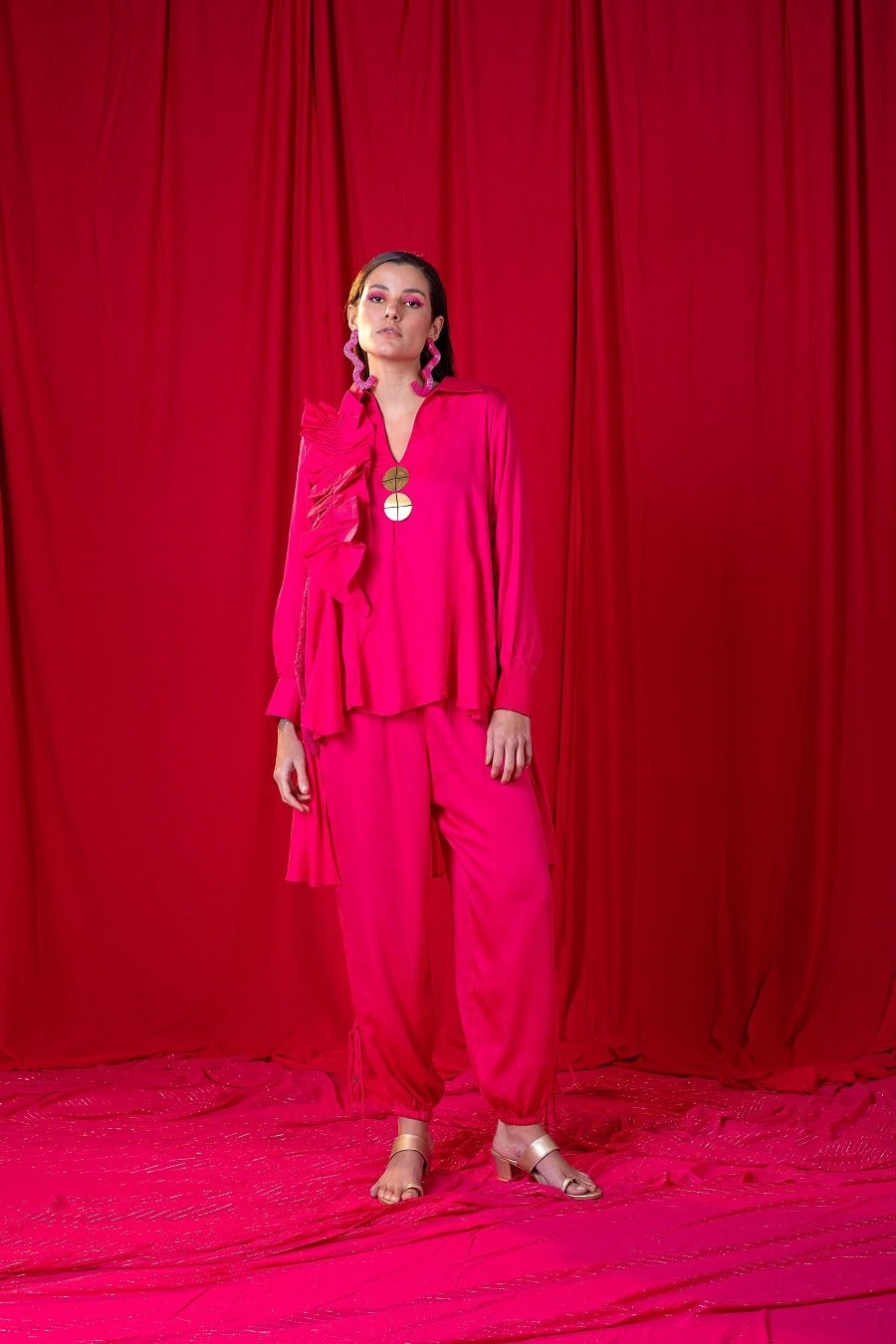 Hot Pink Coin-Embellished Shirt and Pant Co-ord Set