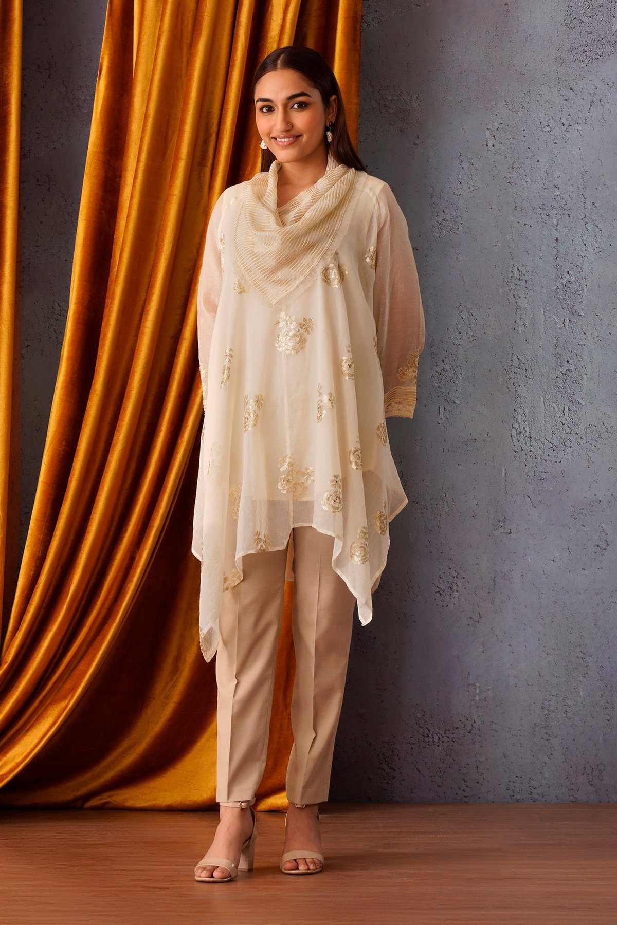Sequin Embroidered Asymmetric Tunic with Cowl Neck