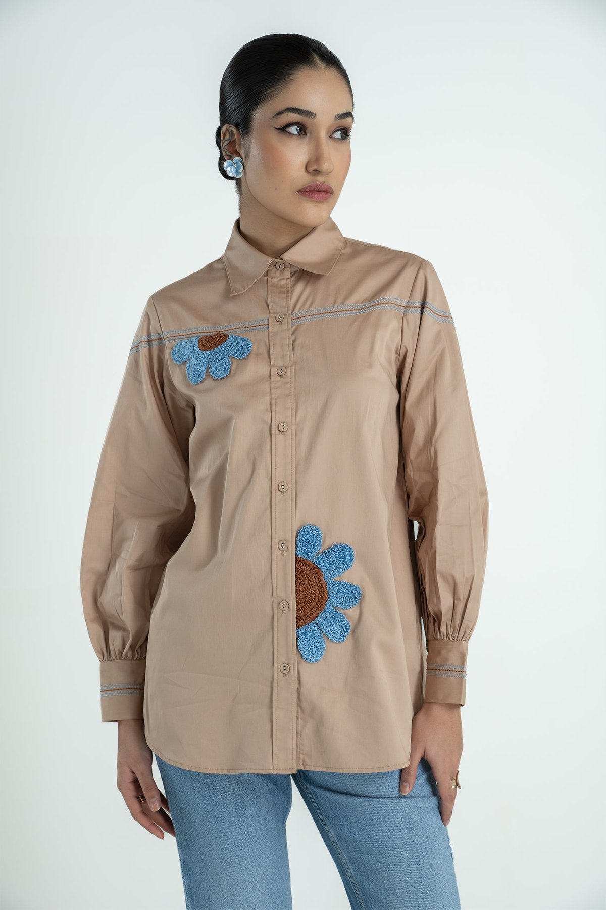 Khakhi Cotton Satin Shirt with 3D Floral Embroidery