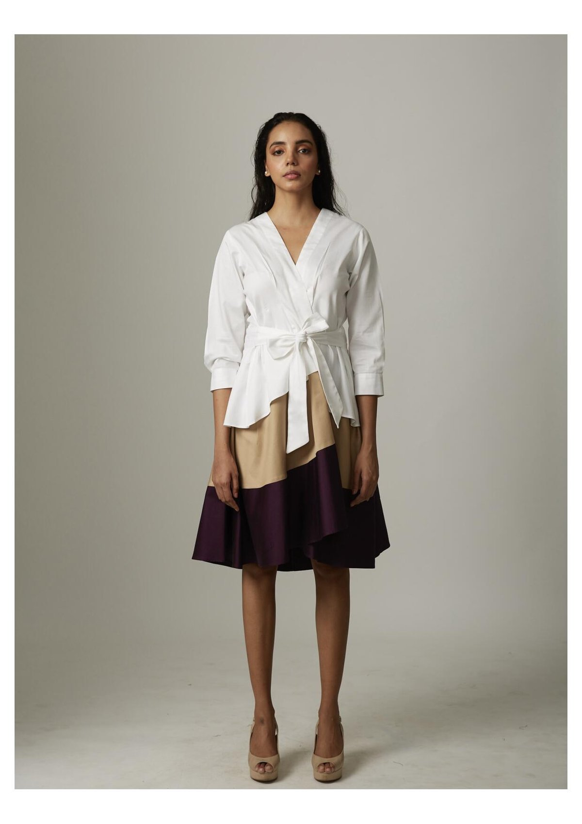 White/Beige/Wine Colorblock High-Low Wrap Tie Dress