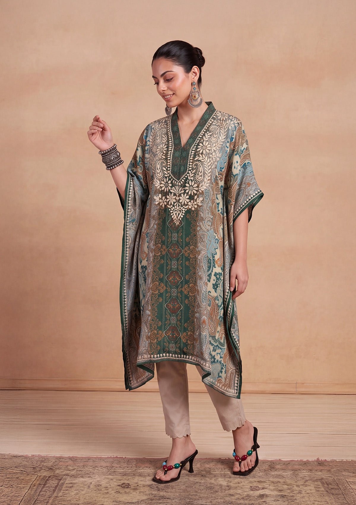 Printed Straight Women'S Short Kaftan-Green