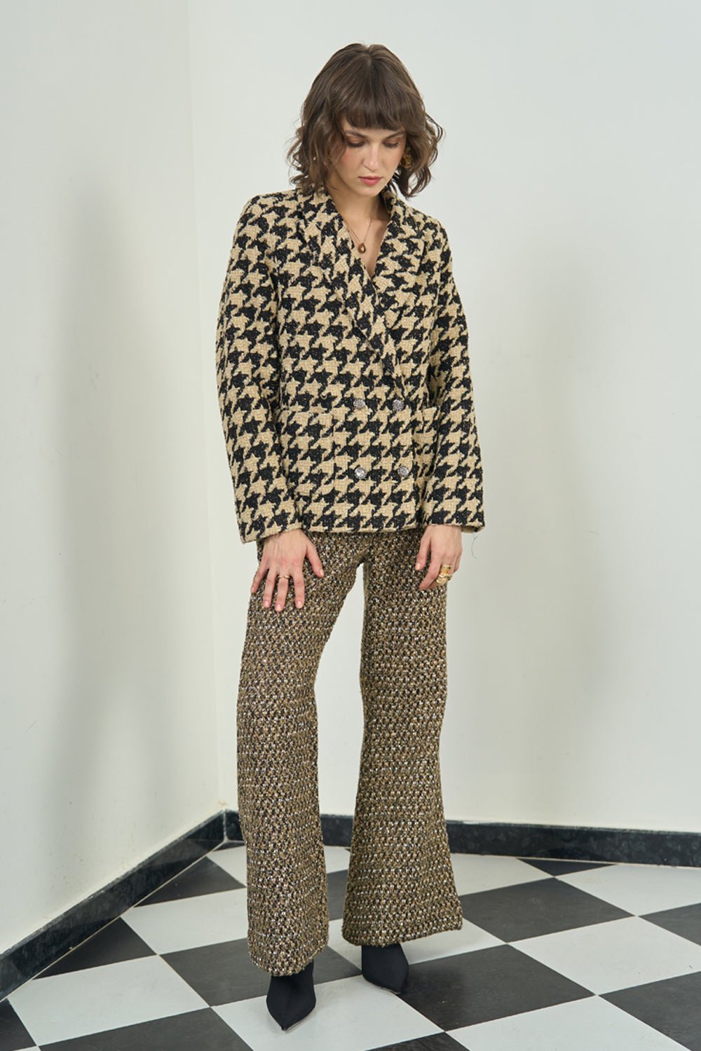 Gold Shimmer Tweed Flared Trousers