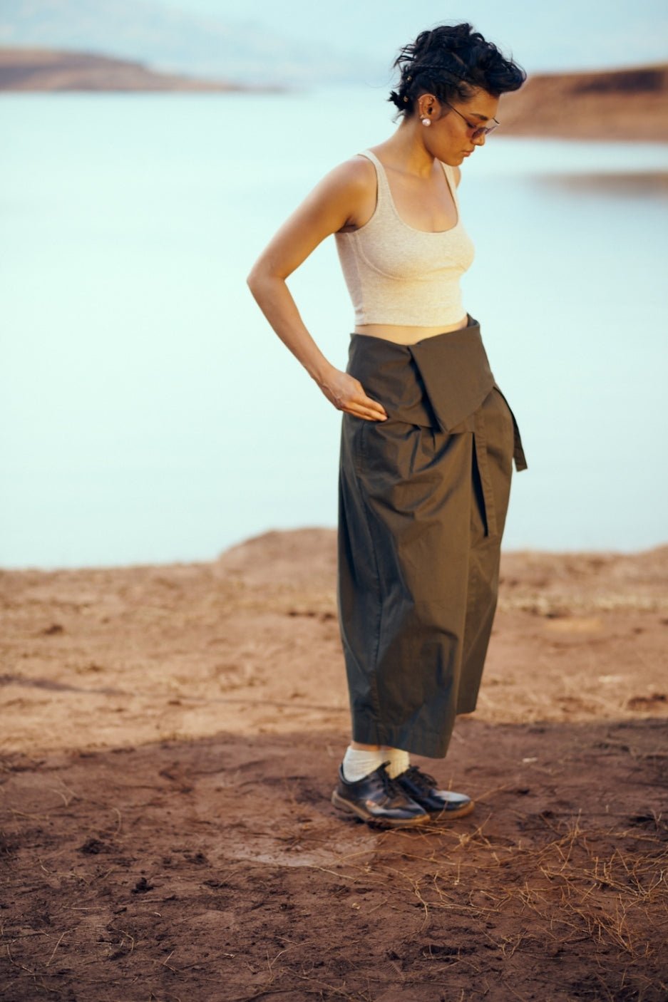 Olive Green Cotton Twill Wrap Midi Skirt with Tie Waist