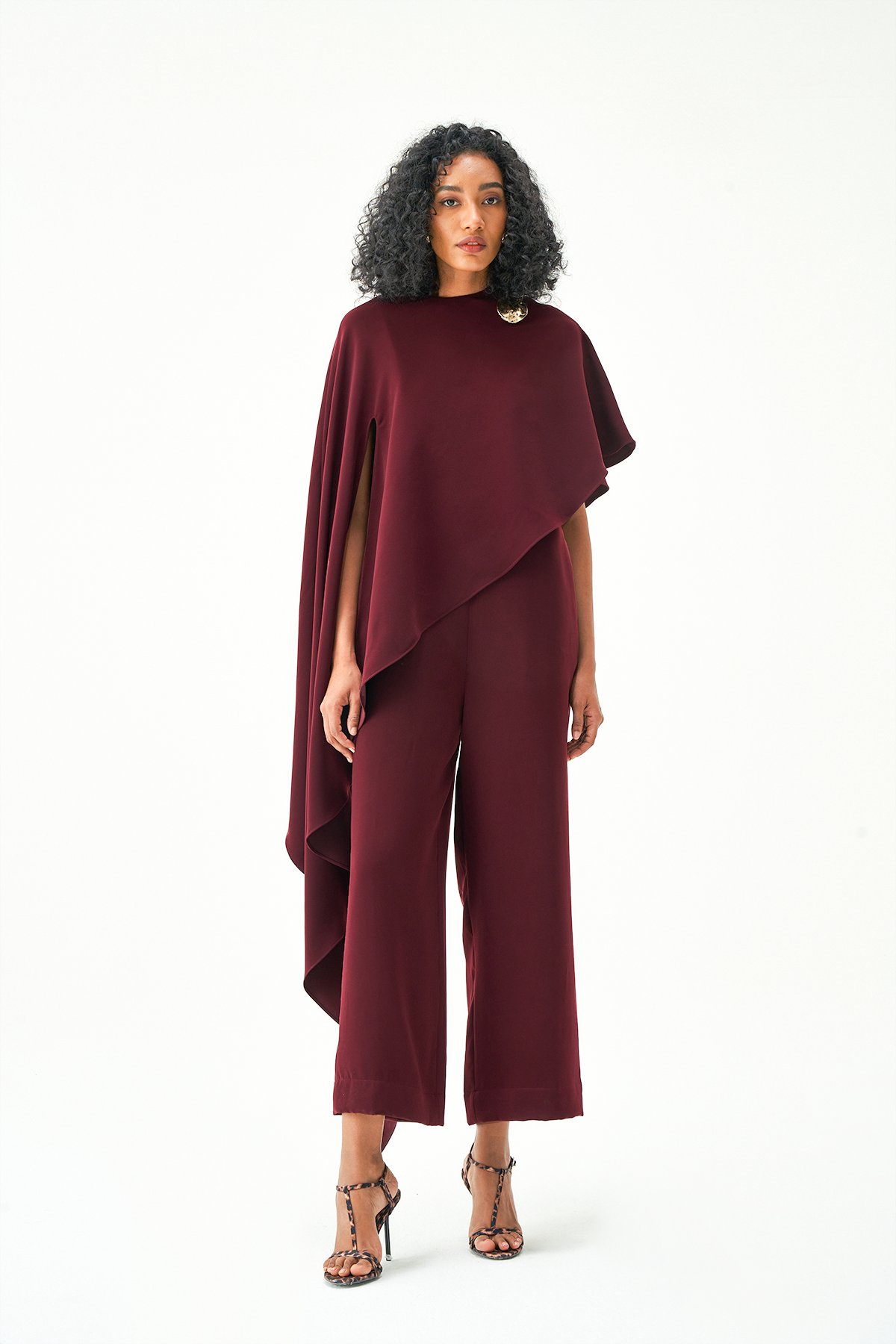 Wine Draped Cape-Overlay Wide-Leg Jumpsuit