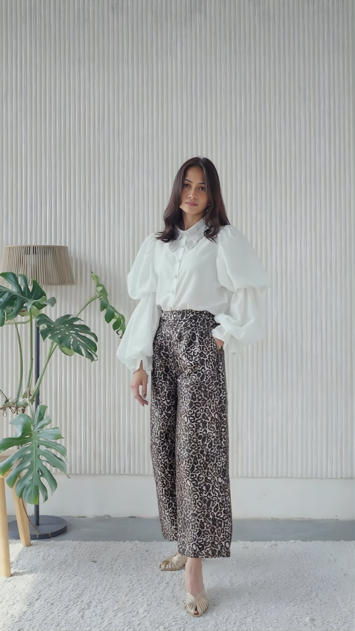 Brown Leopard Jacquard Wide-Leg Trousers
