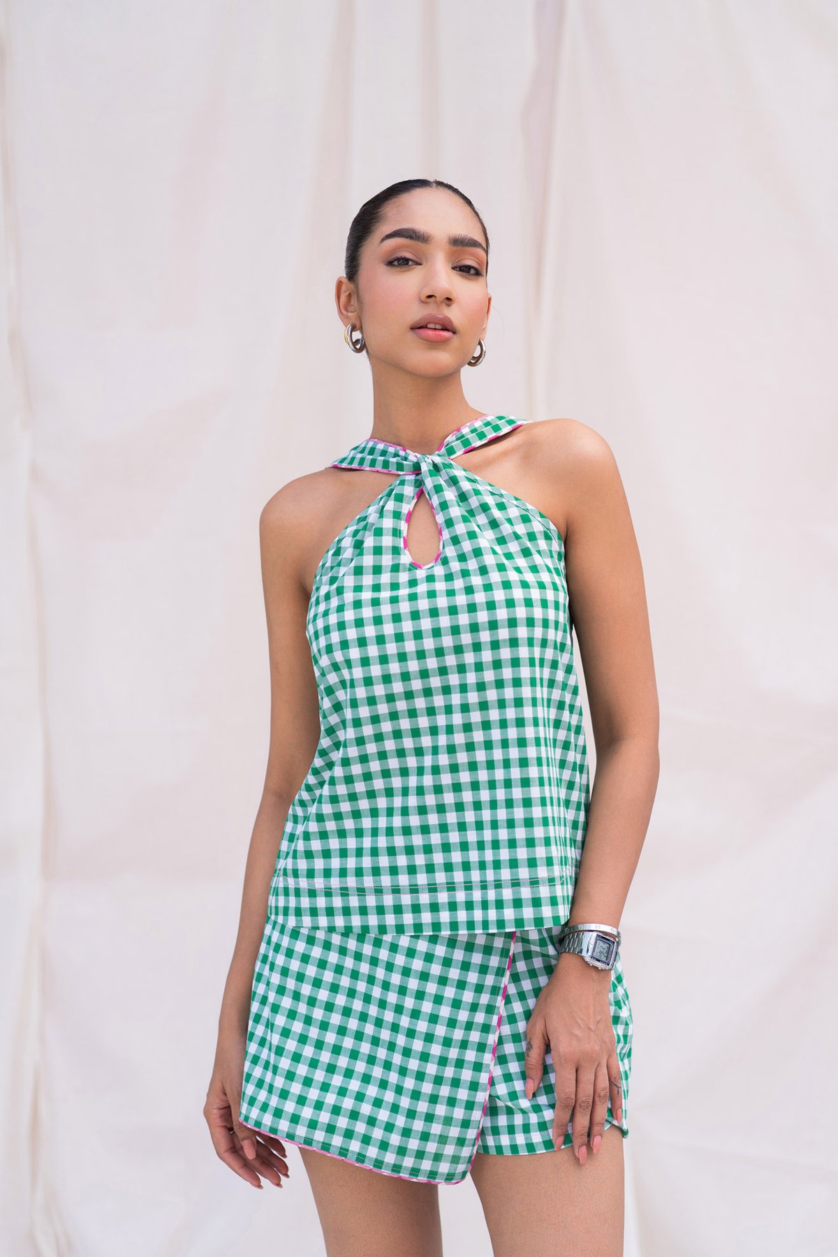 Green and White Gingham Halter Top with Keyhole Detail