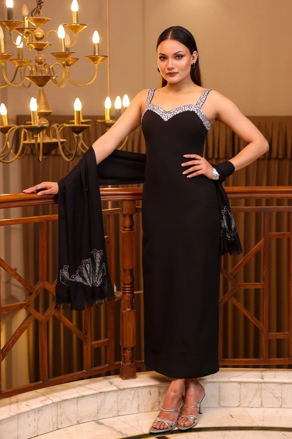 Black Minimal Column Dress with Silver Strap Trim