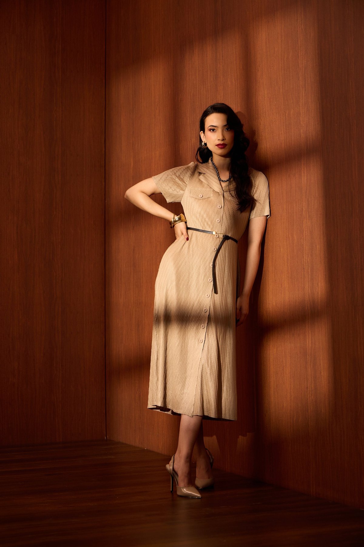Taupe Pleated Midi Shirt Dress with Belt
