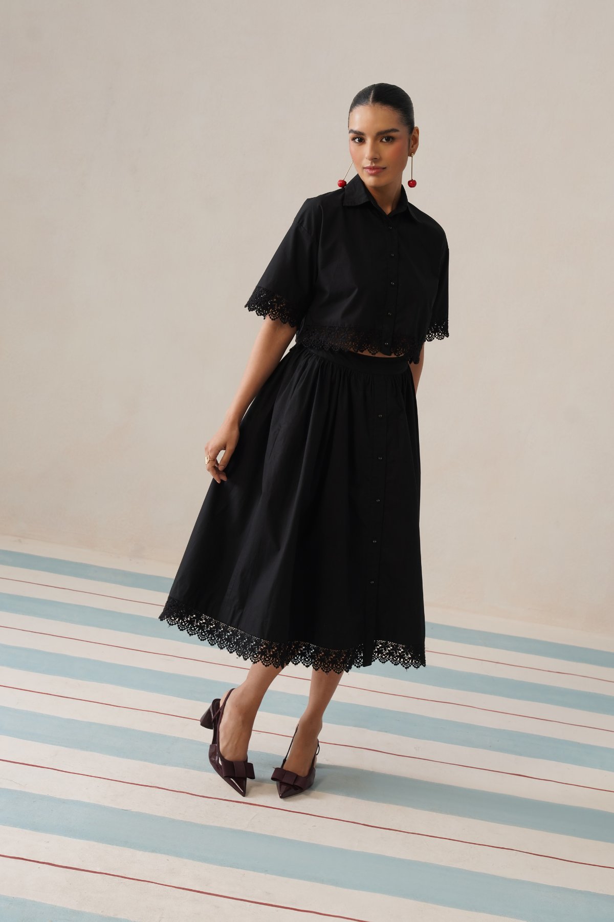 Black Cotton Co-ord Set with Cropped Shirt and Midi Skirt