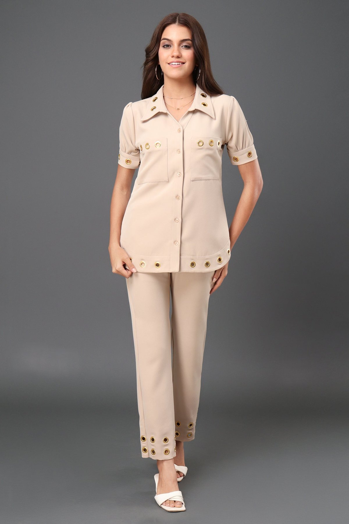 Beige Grommet-Detail Shirt and Trousers Co-ord Set
