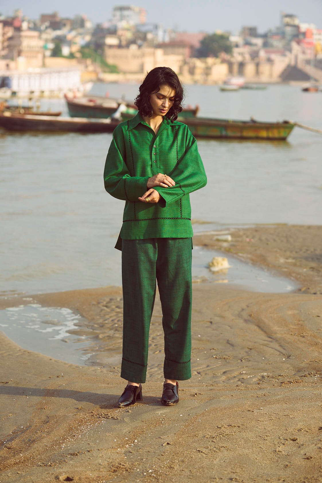 Green Straight-Leg Pull-On Trousers with Side Pockets
