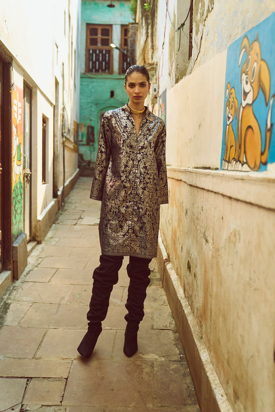 Navy Silver Foil Print A-Line Shirt Dress