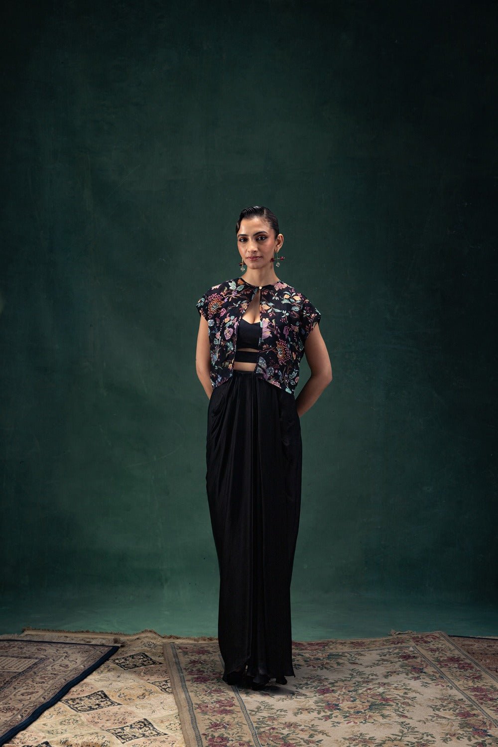 Black Draped Maxi Skirt, Cut-Out Blouse and Printed Shrug Set