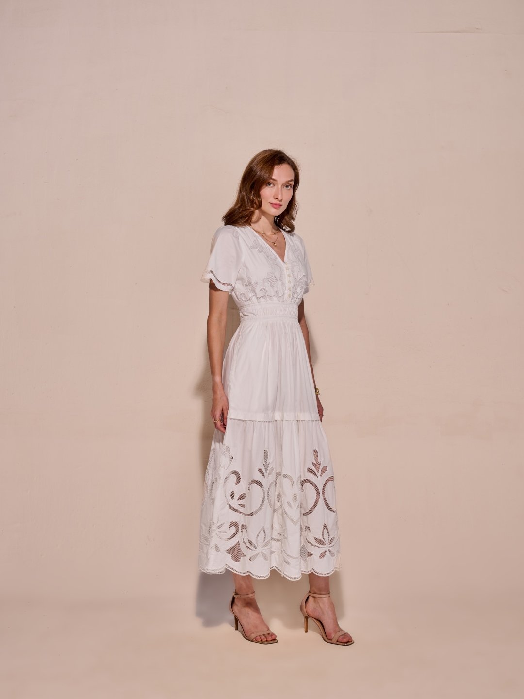 White Cotton Tiered Midi Dress with Cutwork