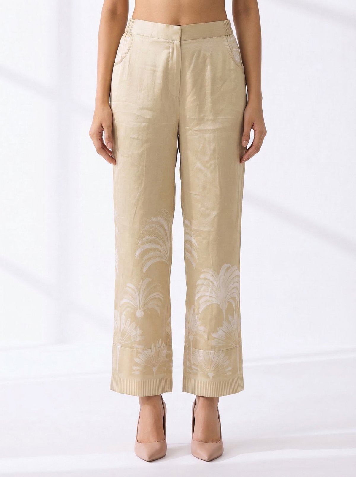 Beige Chanderi Straight-Leg Printed Trousers