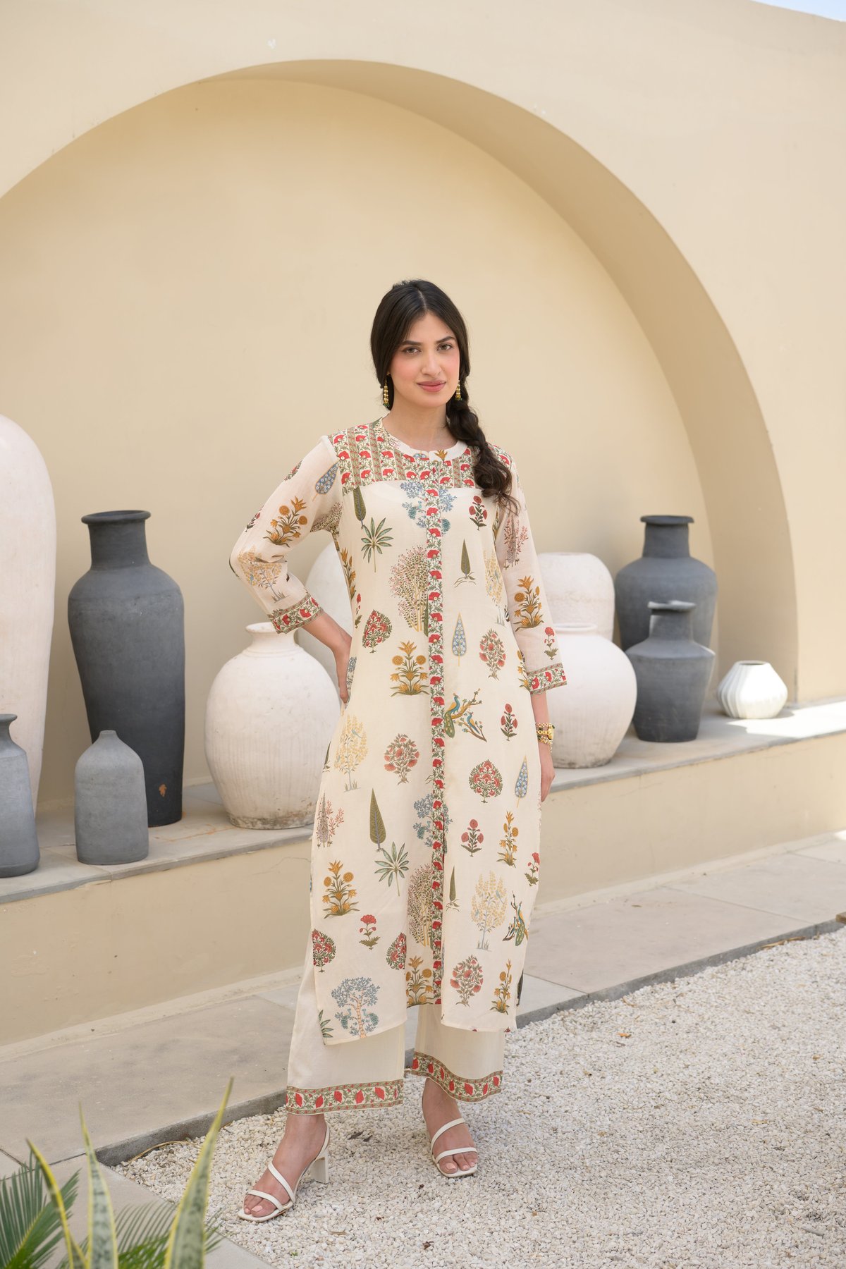 Off White Mughal Temple Block Print Chanderi Set