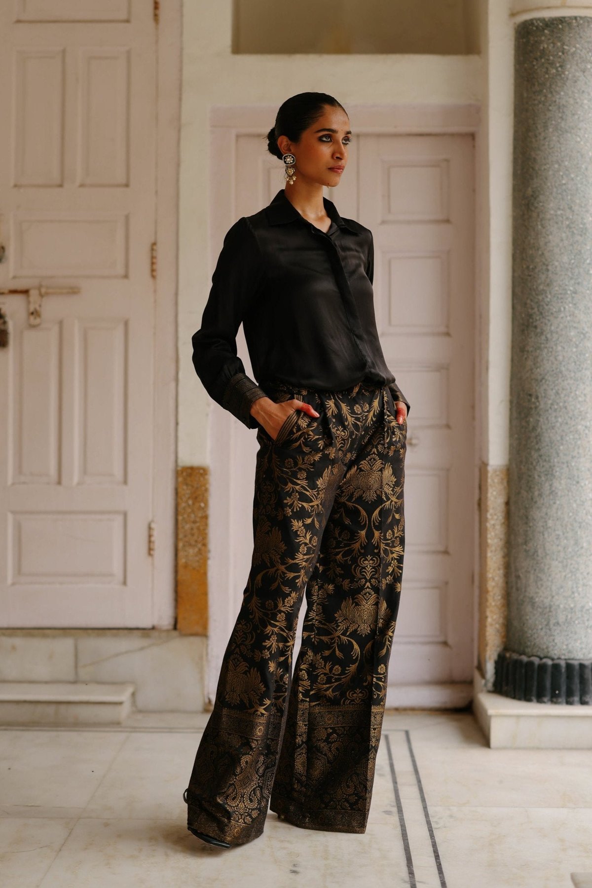 Black Modal Shirt and Brocade Wide-Leg Pants Co-ord Set