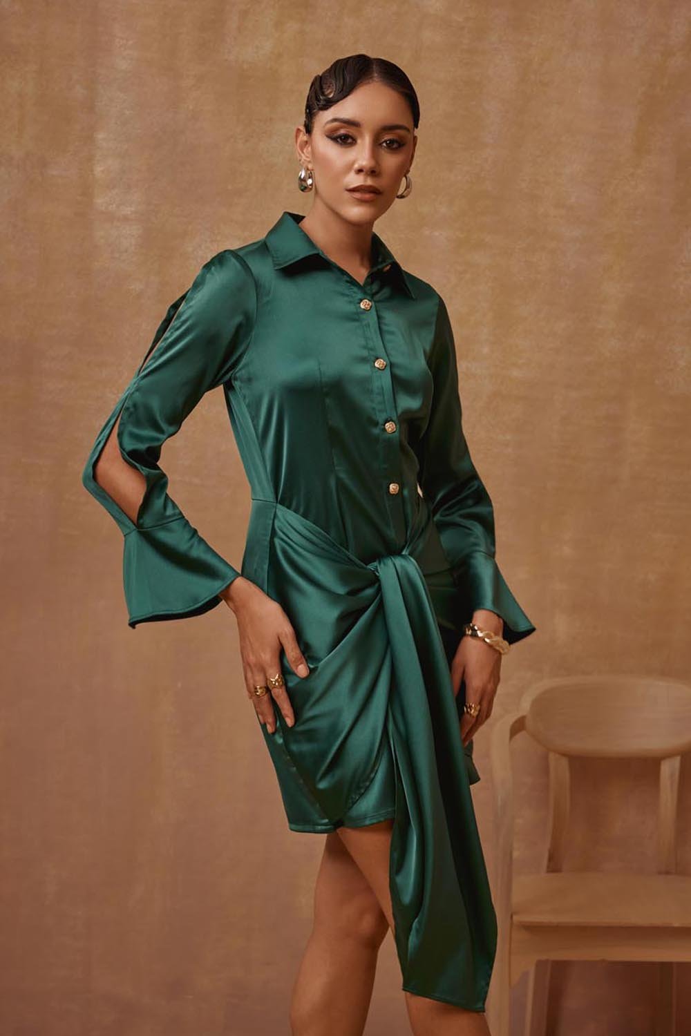 Emerald Green Satin Button-Down Mini Dress with Tie Waist