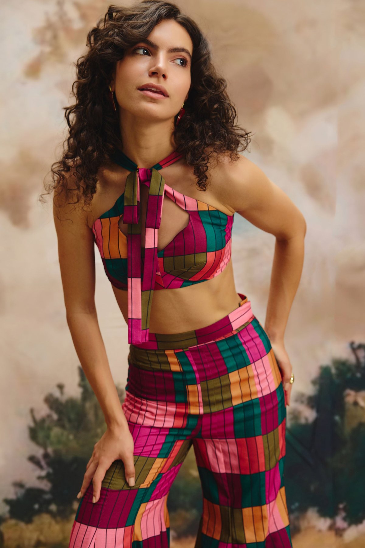 Multicolor Linen Halter Neck Patchwork Crop Top
