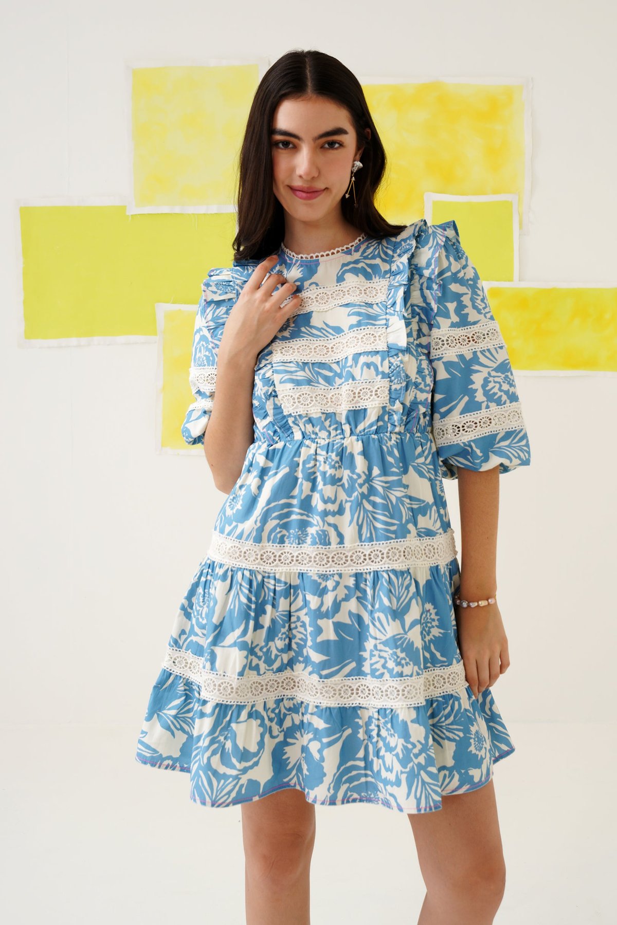 Blue Floral Tiered Mini Dress with Lace Trim