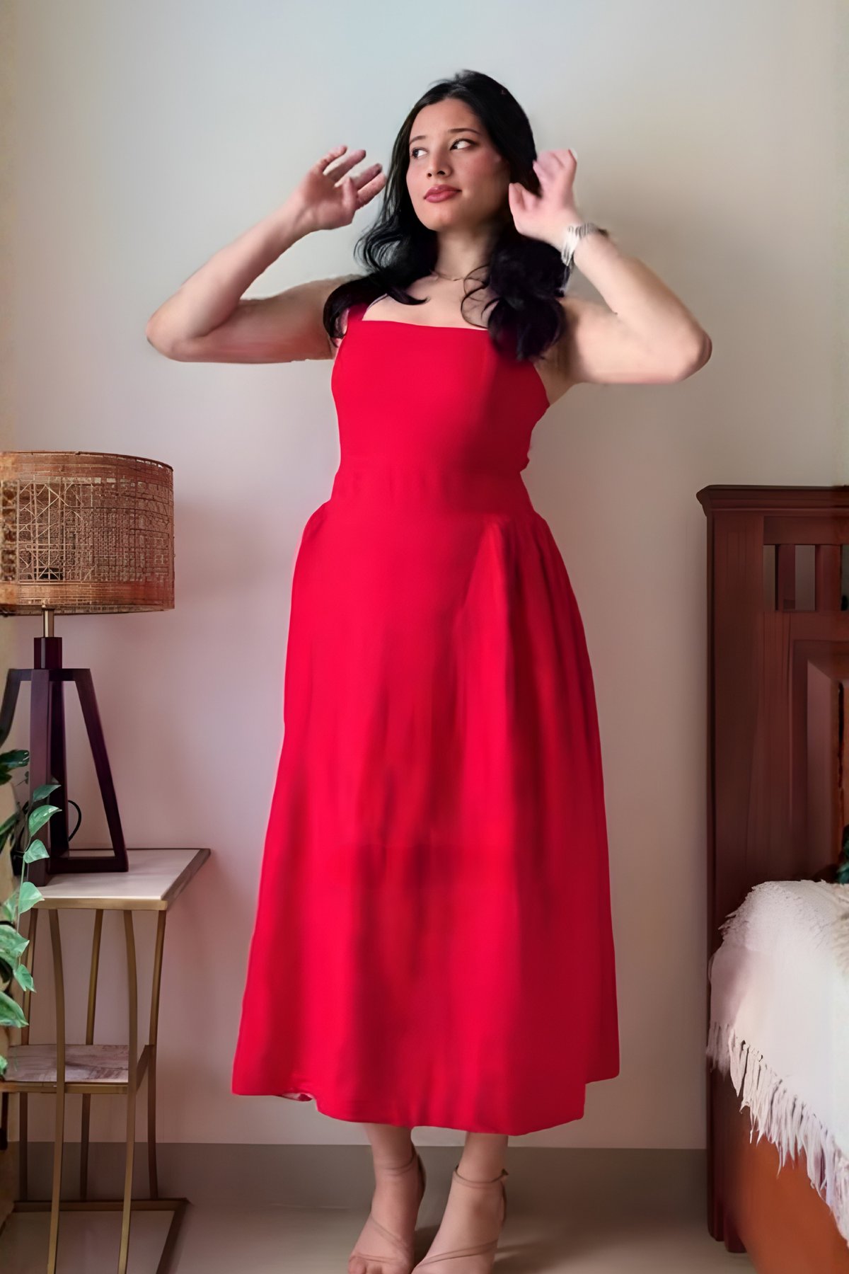 Red Linen Drop-Waist Gathered Midi Dress