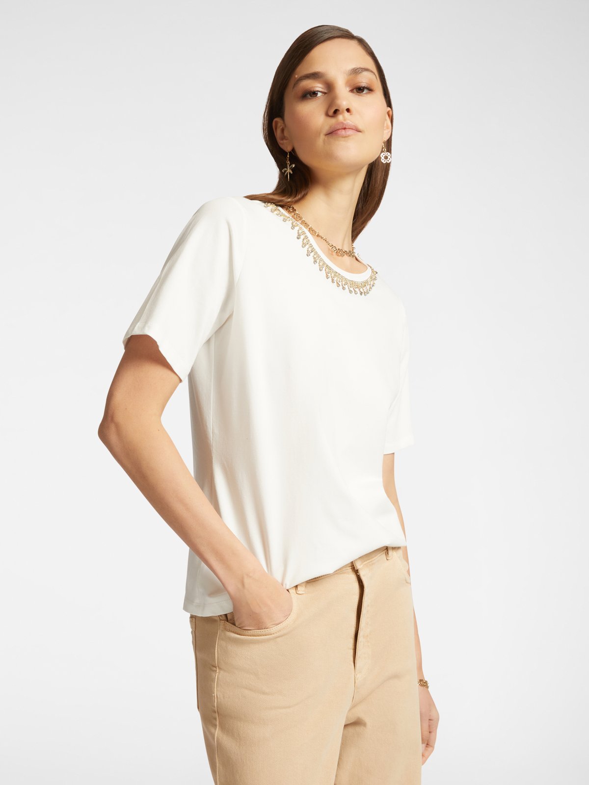 White Crew-Neck T-Shirt with Embellished Neckline