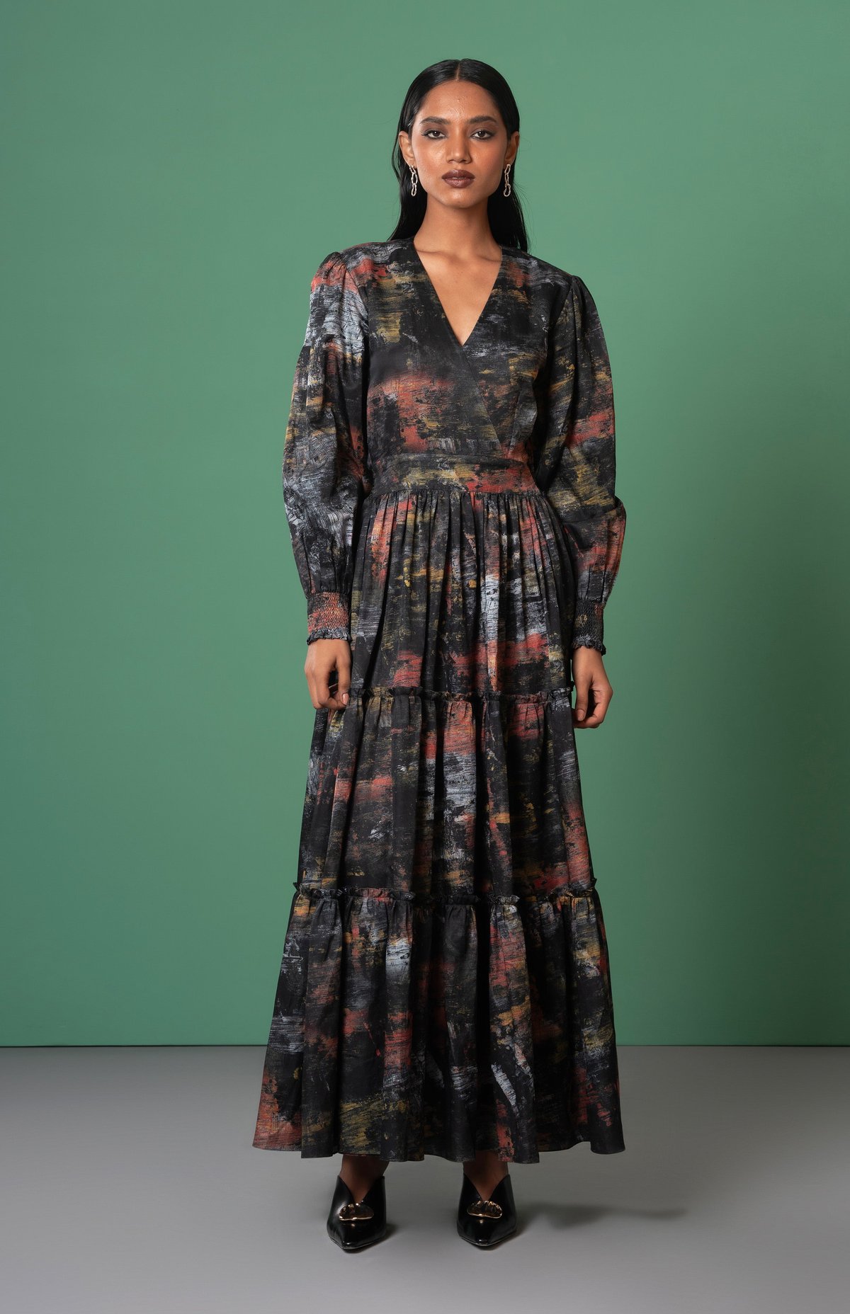 Multicolor Abstract Printed Tiered Maxi Dress