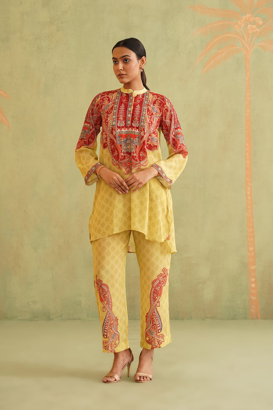 Sunshine Yellow Printed Co-ord Set with Mandarin Collar