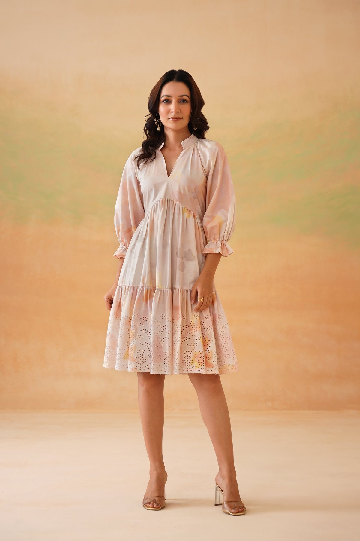 Pink Floral Tiered Knee-Length Dress with 3/4 Sleeves