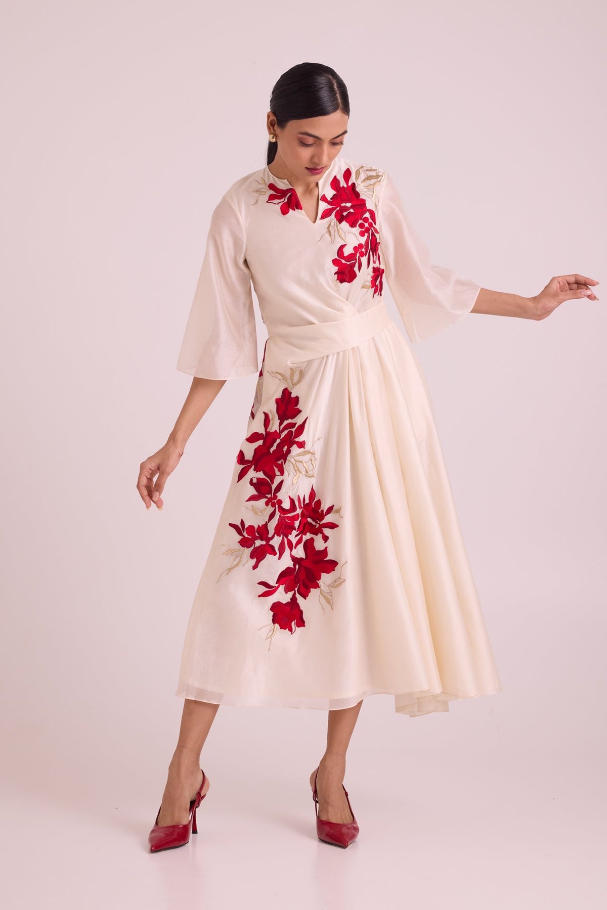 Ivory Embroidered Fit and Flare Midi Dress