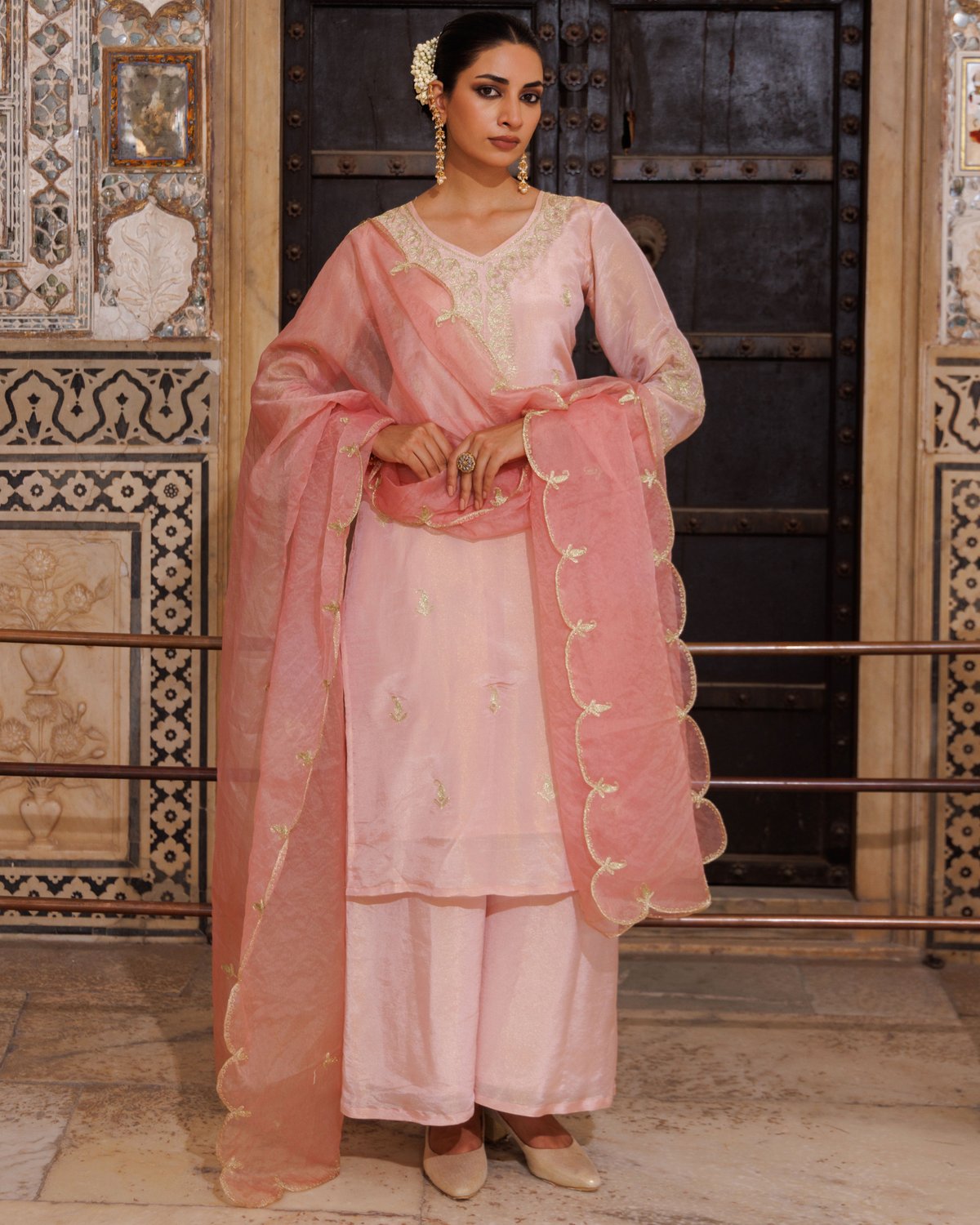 Pink Tissue Georgette Aari Embroidered Kurta Set