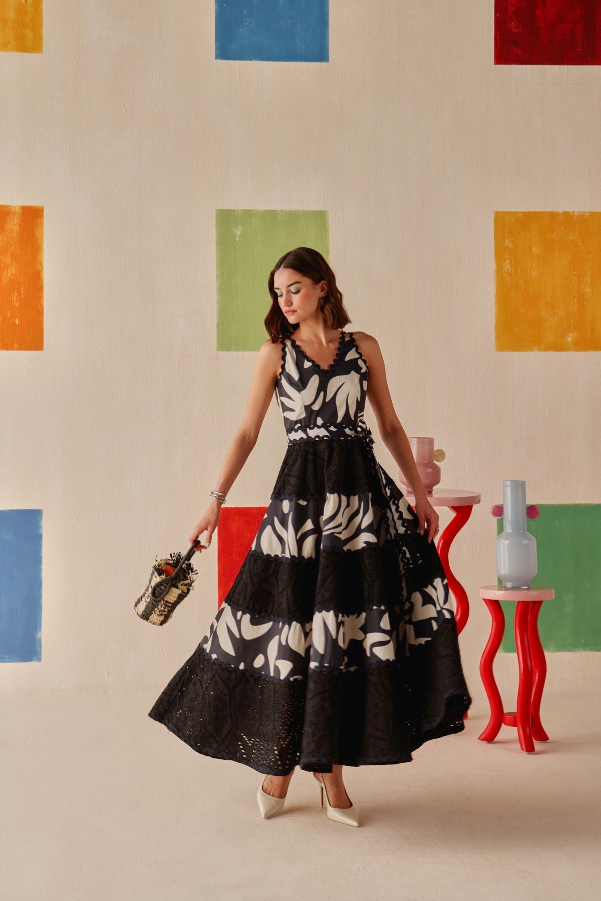 Black and White Abstract Print Tiered Maxi Dress