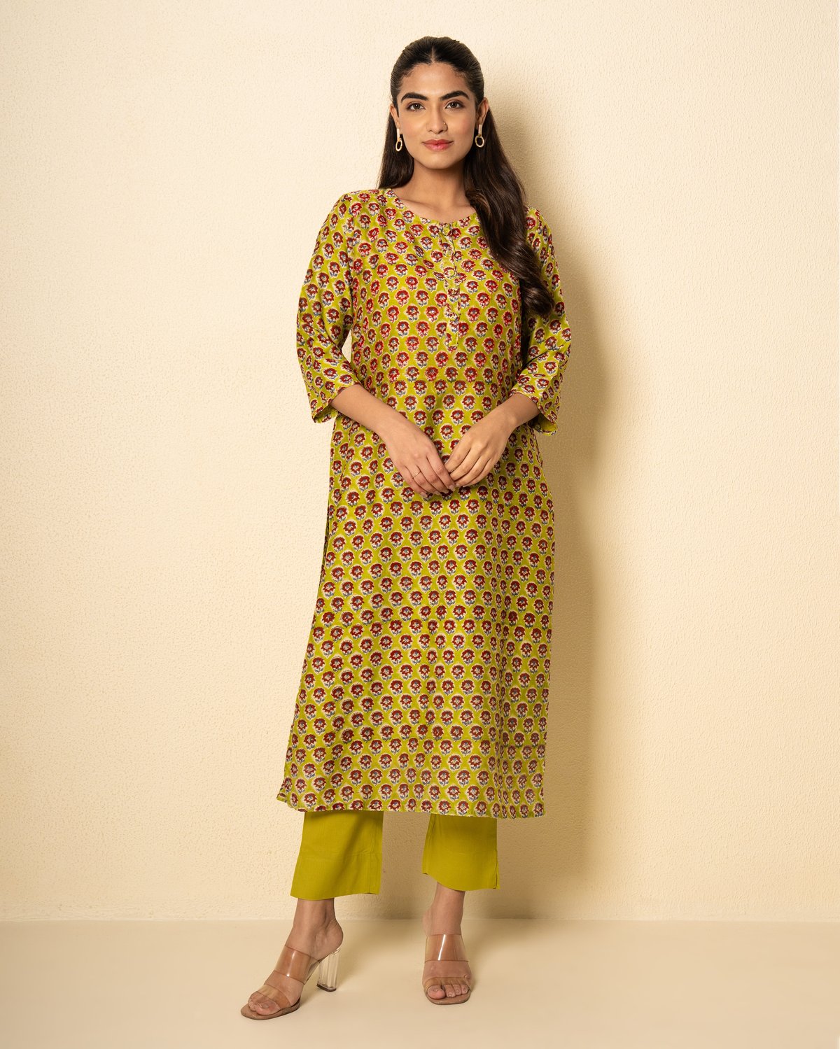 Floral Lime Chanderi Green Floral Block Print Kurta Set (Set of 2)