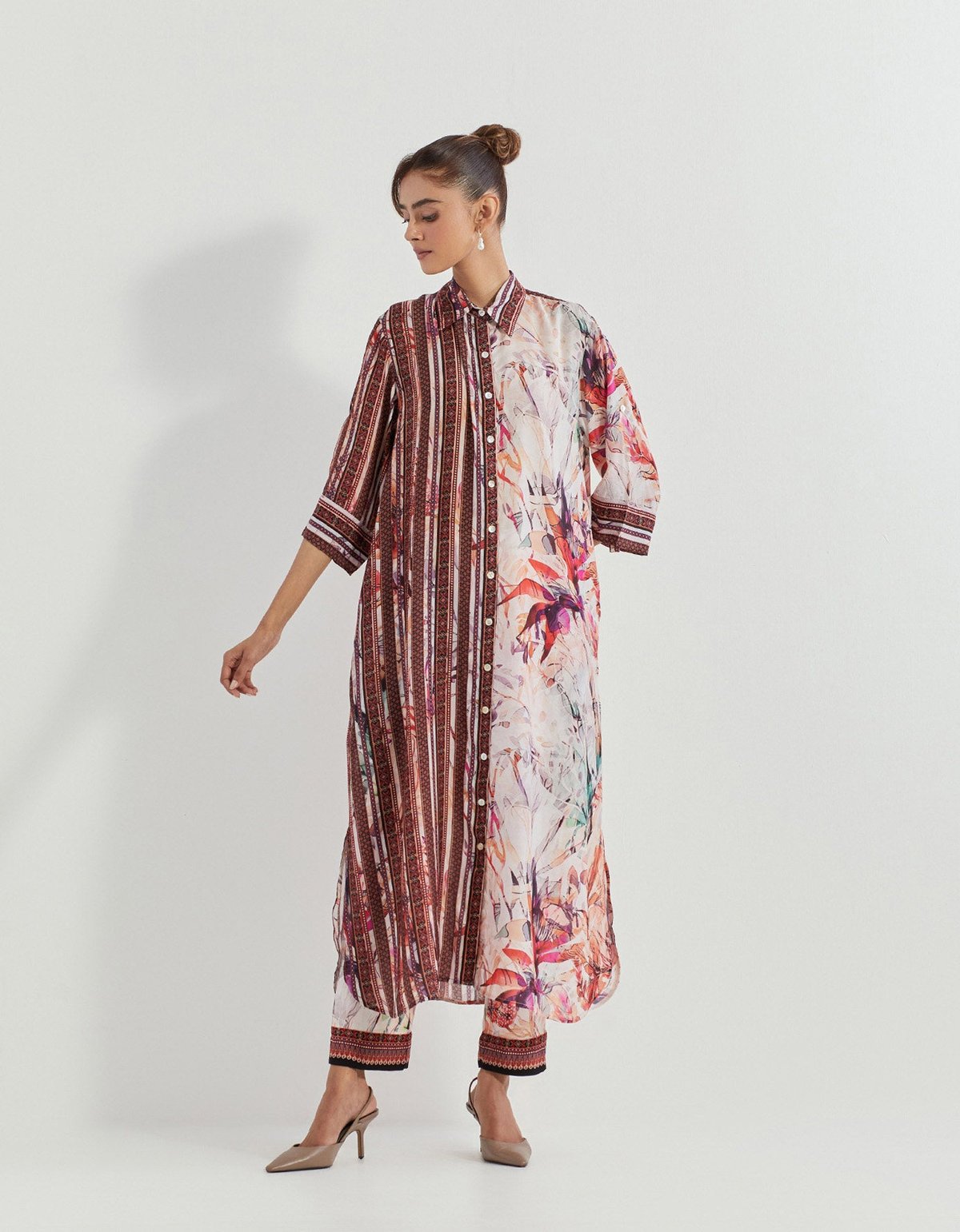 Pink Printed Button-Down Straight Kurta Set with Pants
