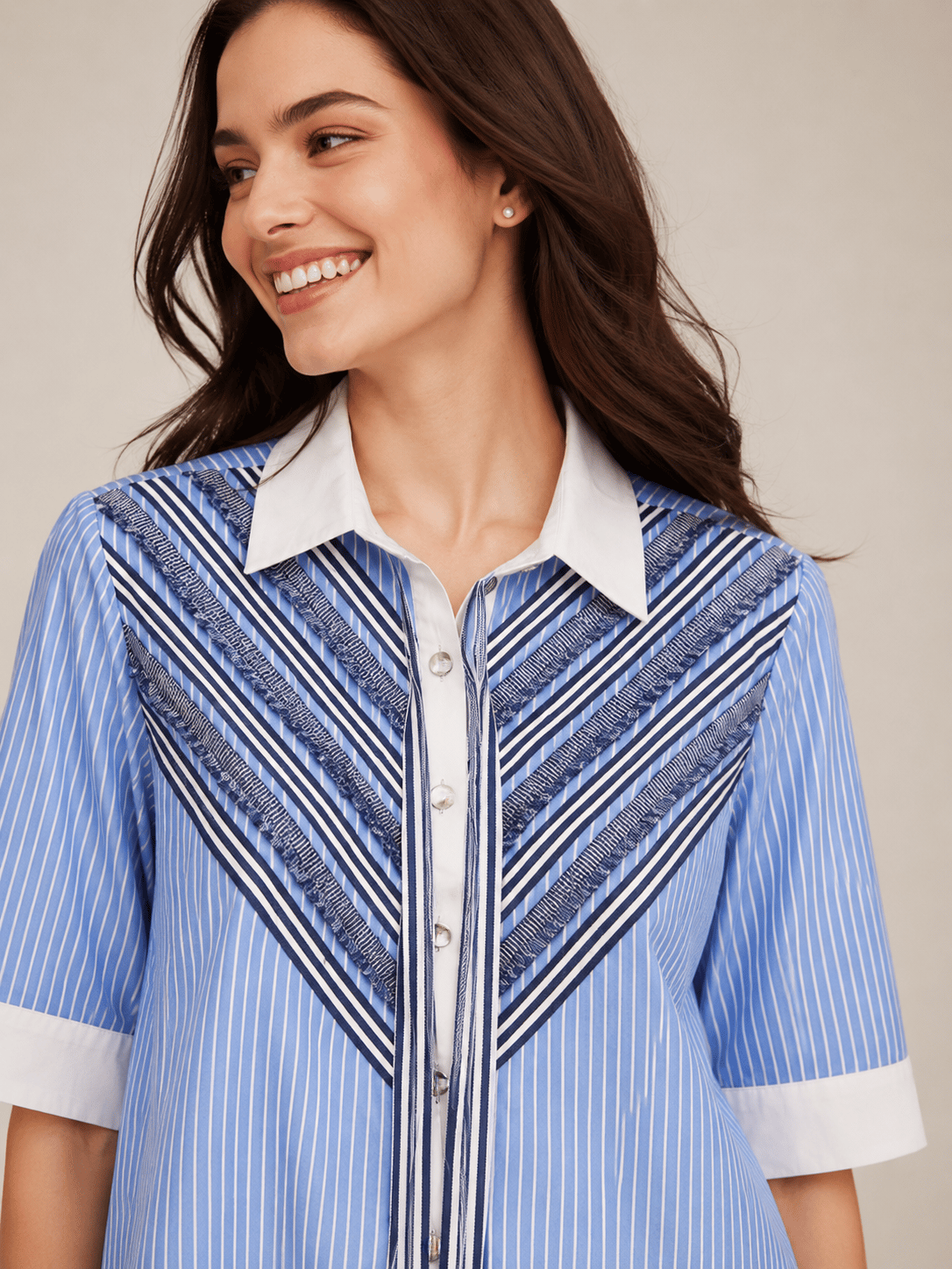 Blue Striped Short-Sleeve Shirt with Neck Tie