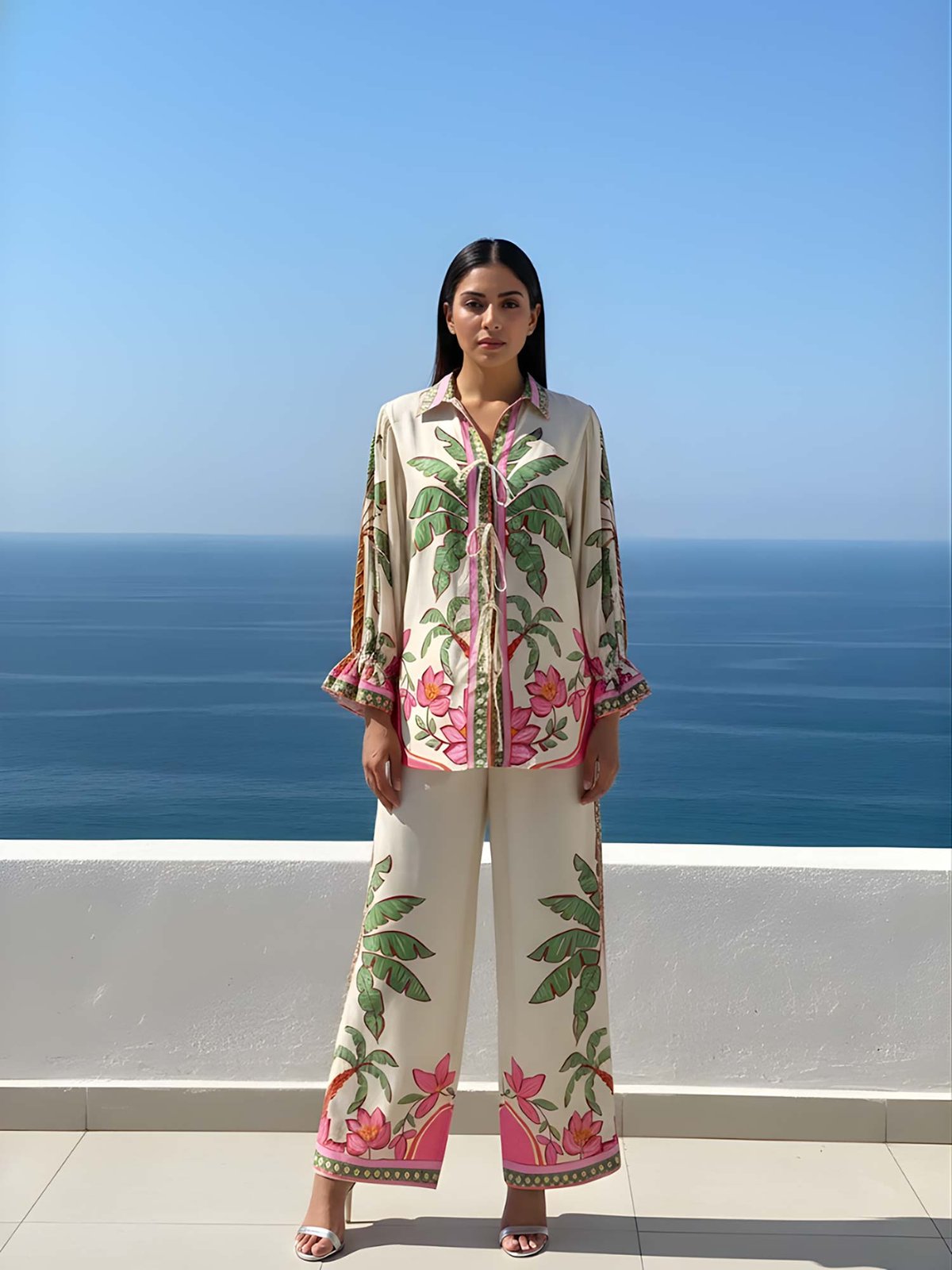 Cream Palm Print Shirt and Wide-Leg Pants Co-ord Set