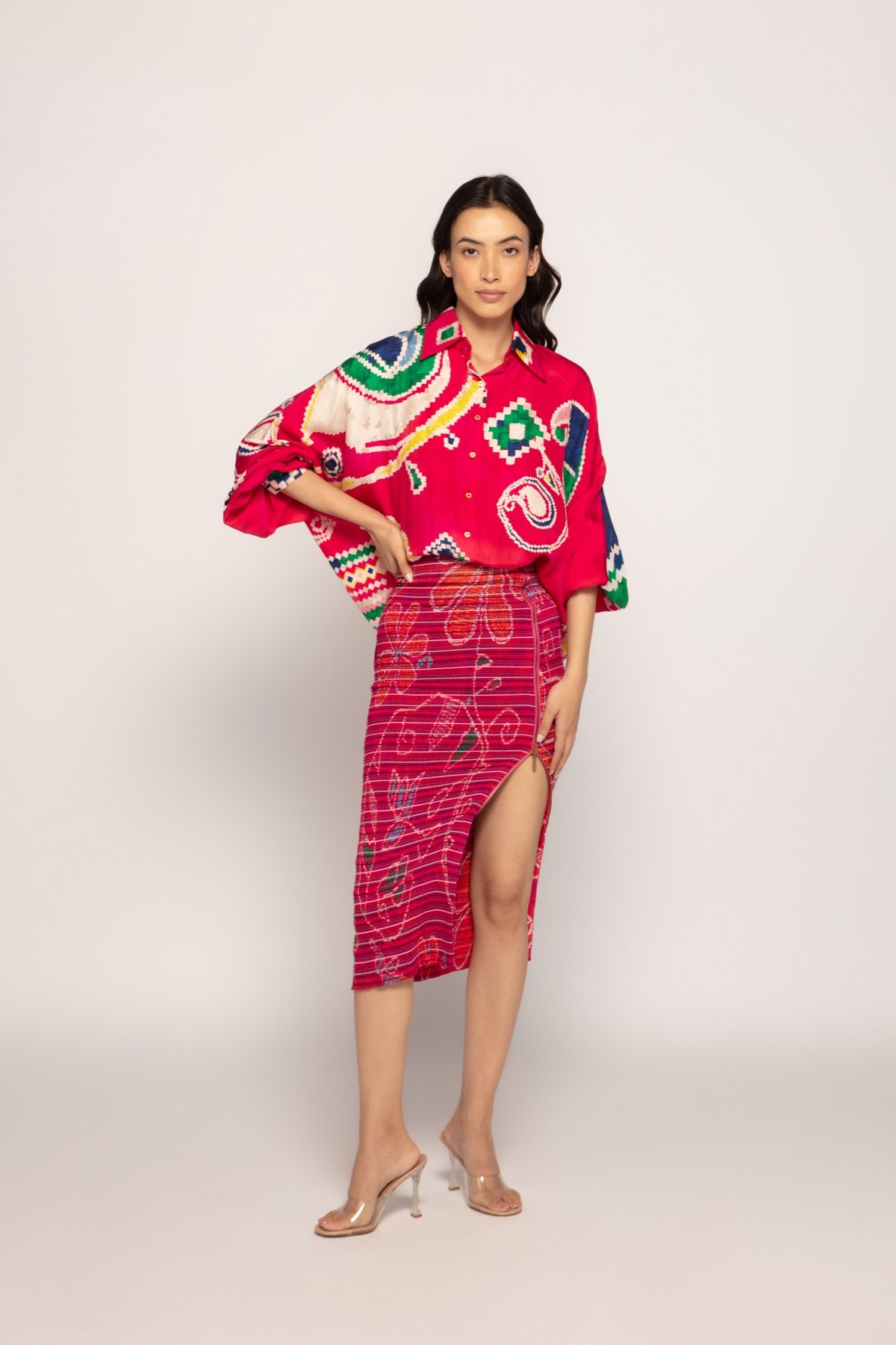 Pink Silk Paisley Batwing Shirt with 3/4 Sleeves
