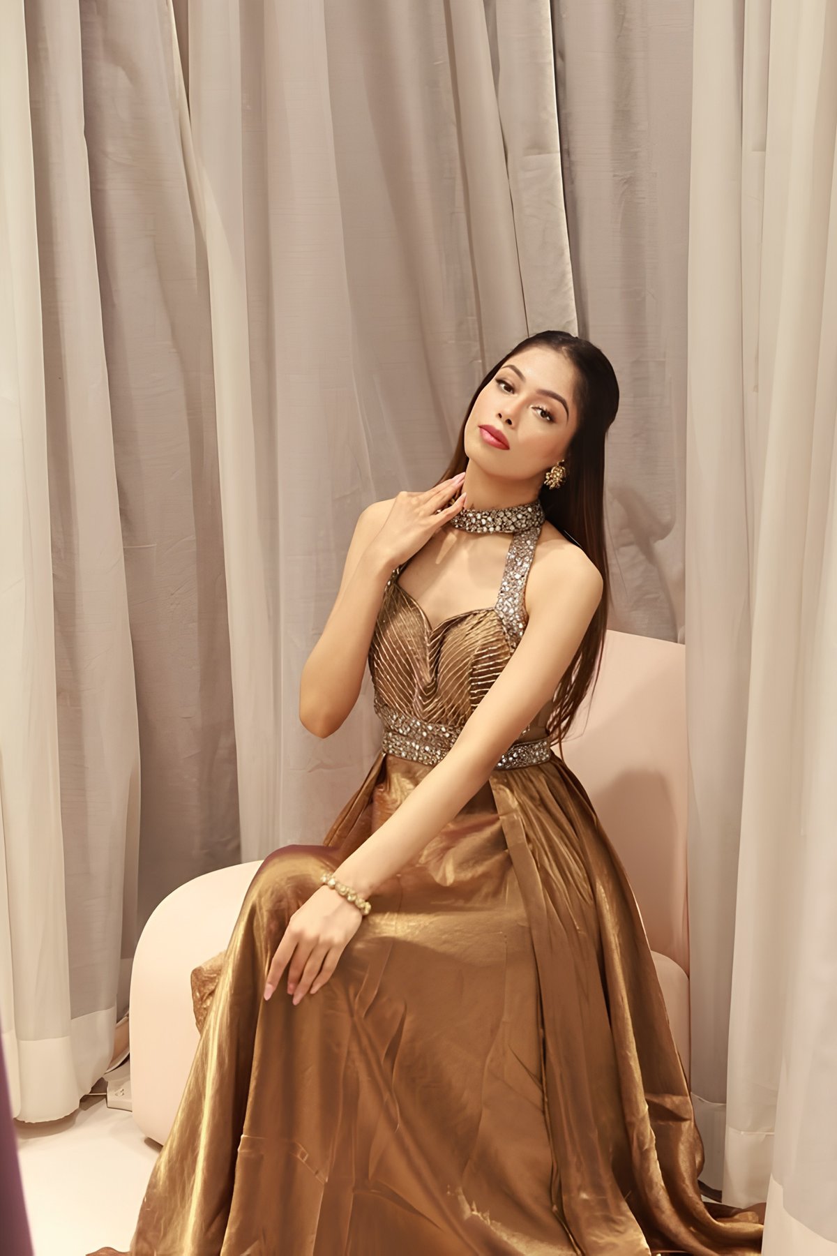Antique Gold Shimmer Tissue Halter Neck Maxi Gown