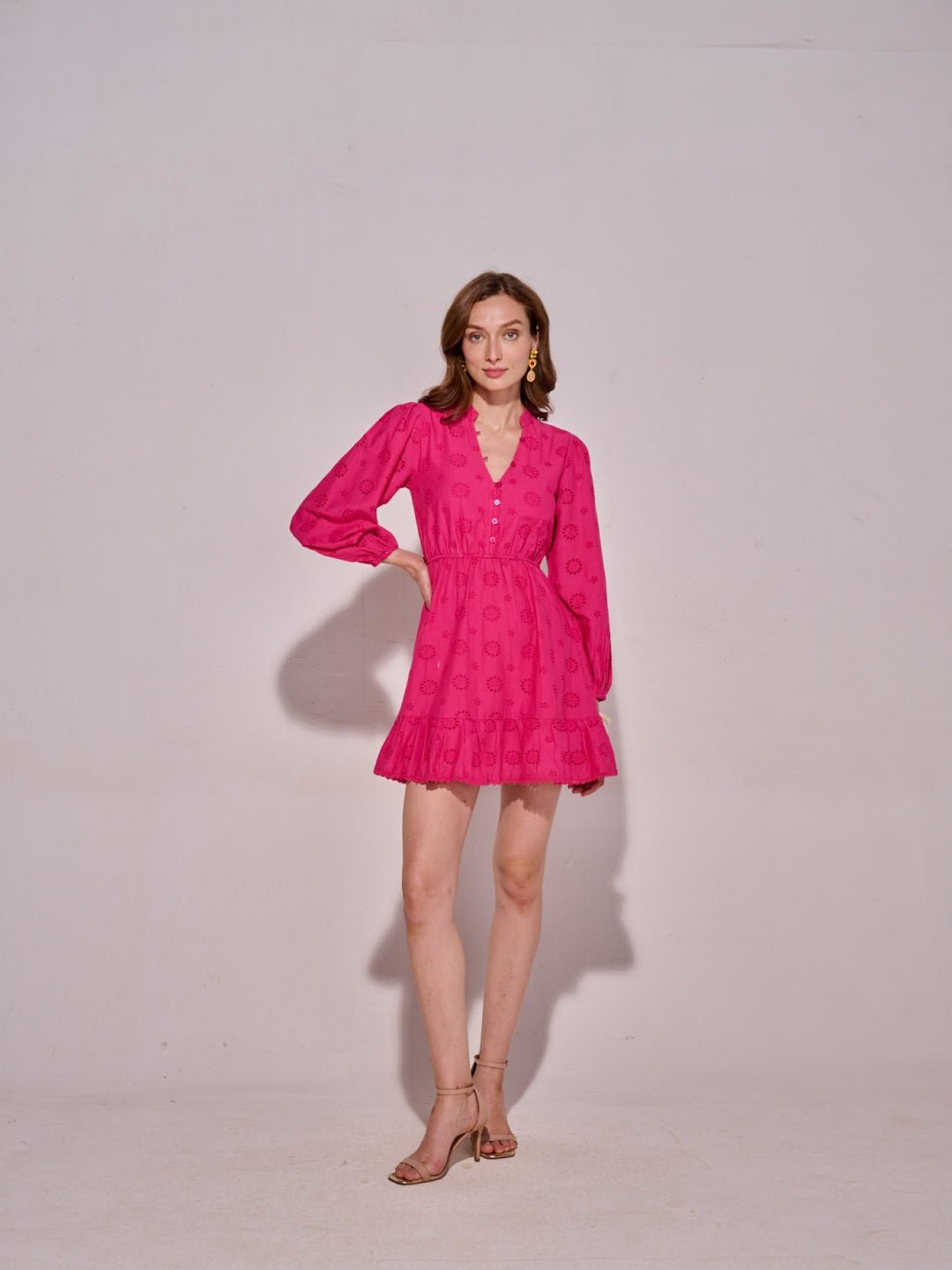 Pink Cotton Schiffli Cutwork Tiered Mini Dress