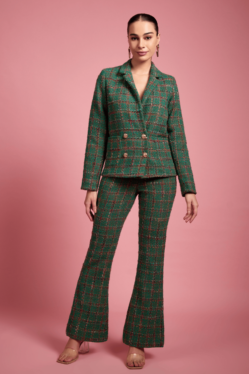 Green Tweed Blazer and Bootcut Pants Co-ord Set