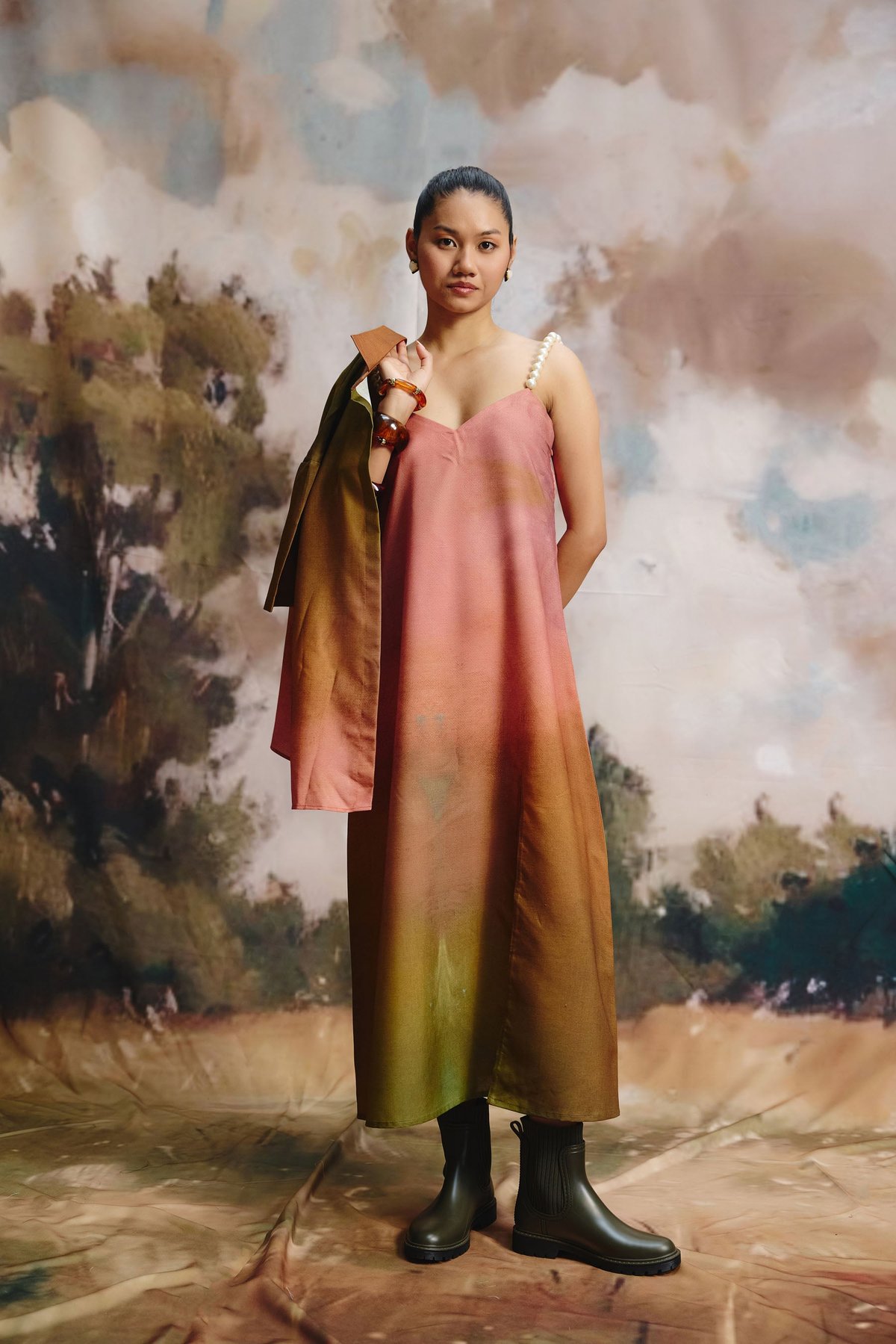 Multicolour Ombre Midi Slip Dress with Pearl Strap Detail