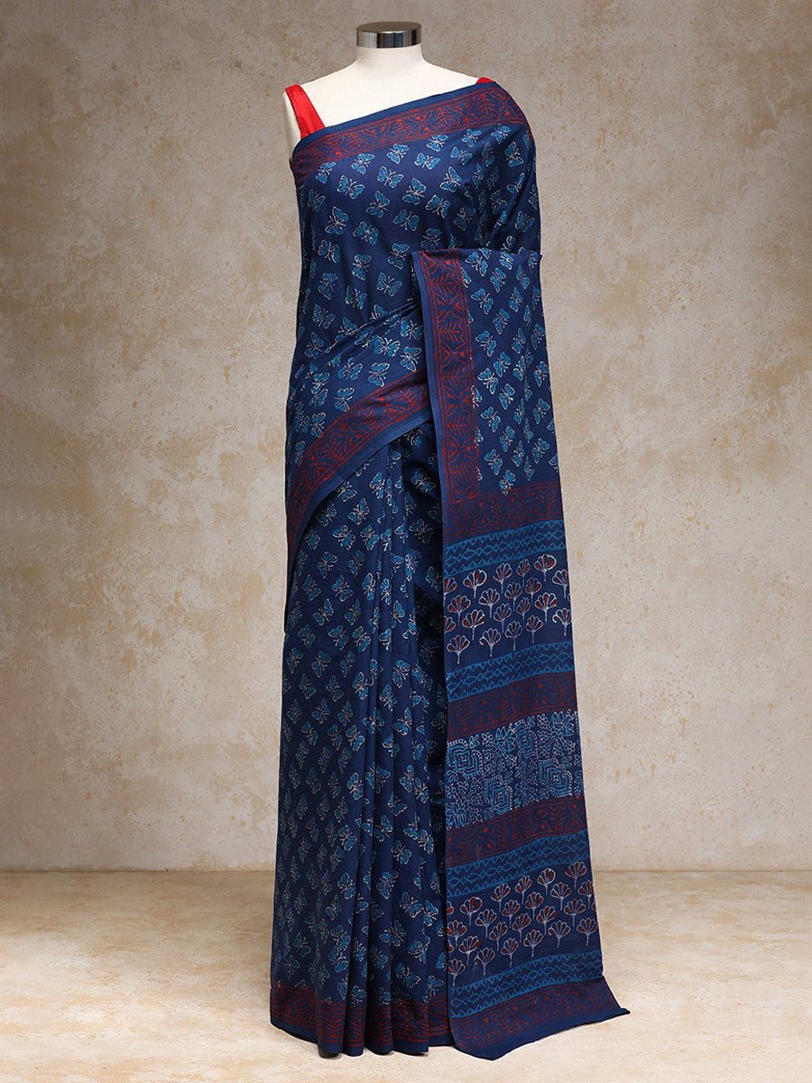 Indigo Blue Handblock Printed Butterfly Motif