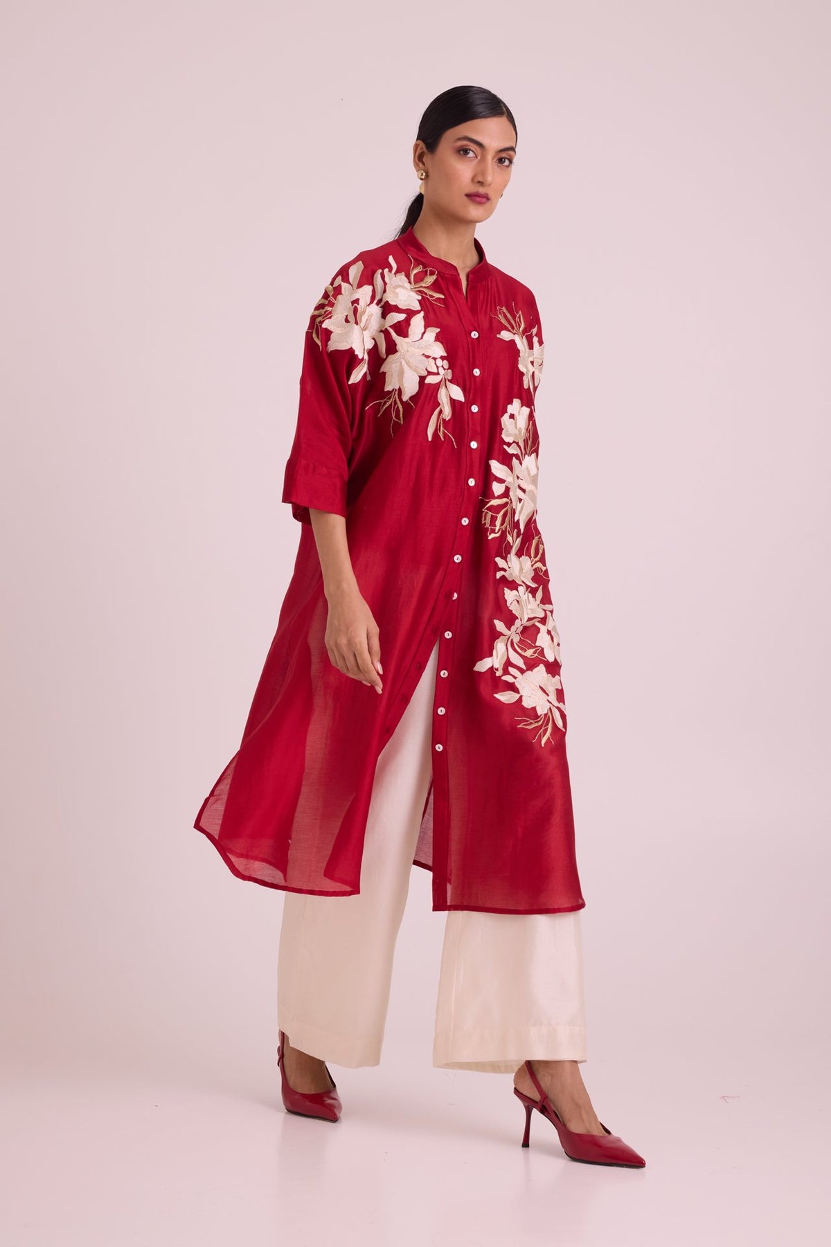Madder Red Embroidered Shirt Tunic and Ivory Pants Co-ord Set