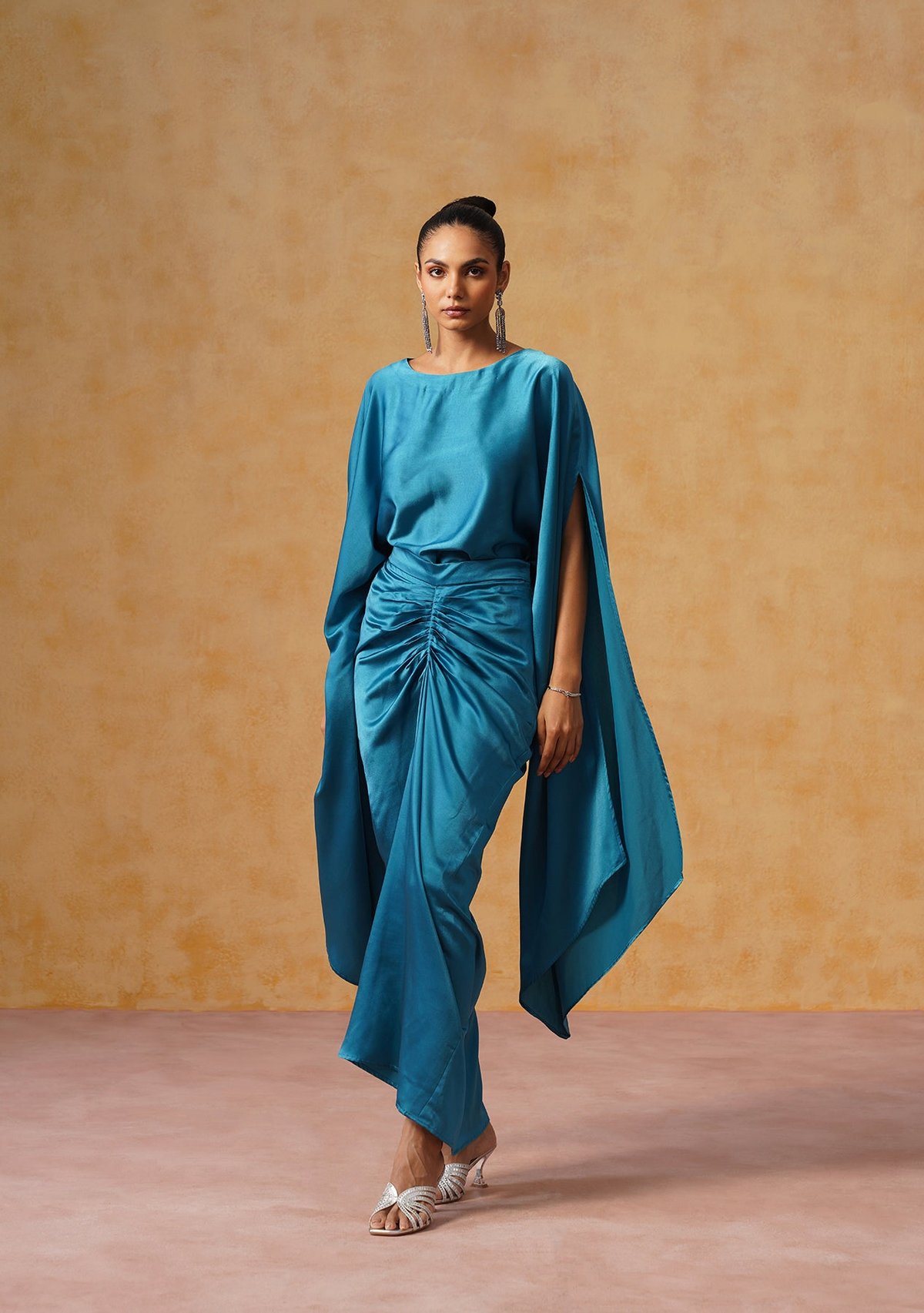 Teal Satin Cape Sleeve Top and Draped Maxi Skirt Co-ord
