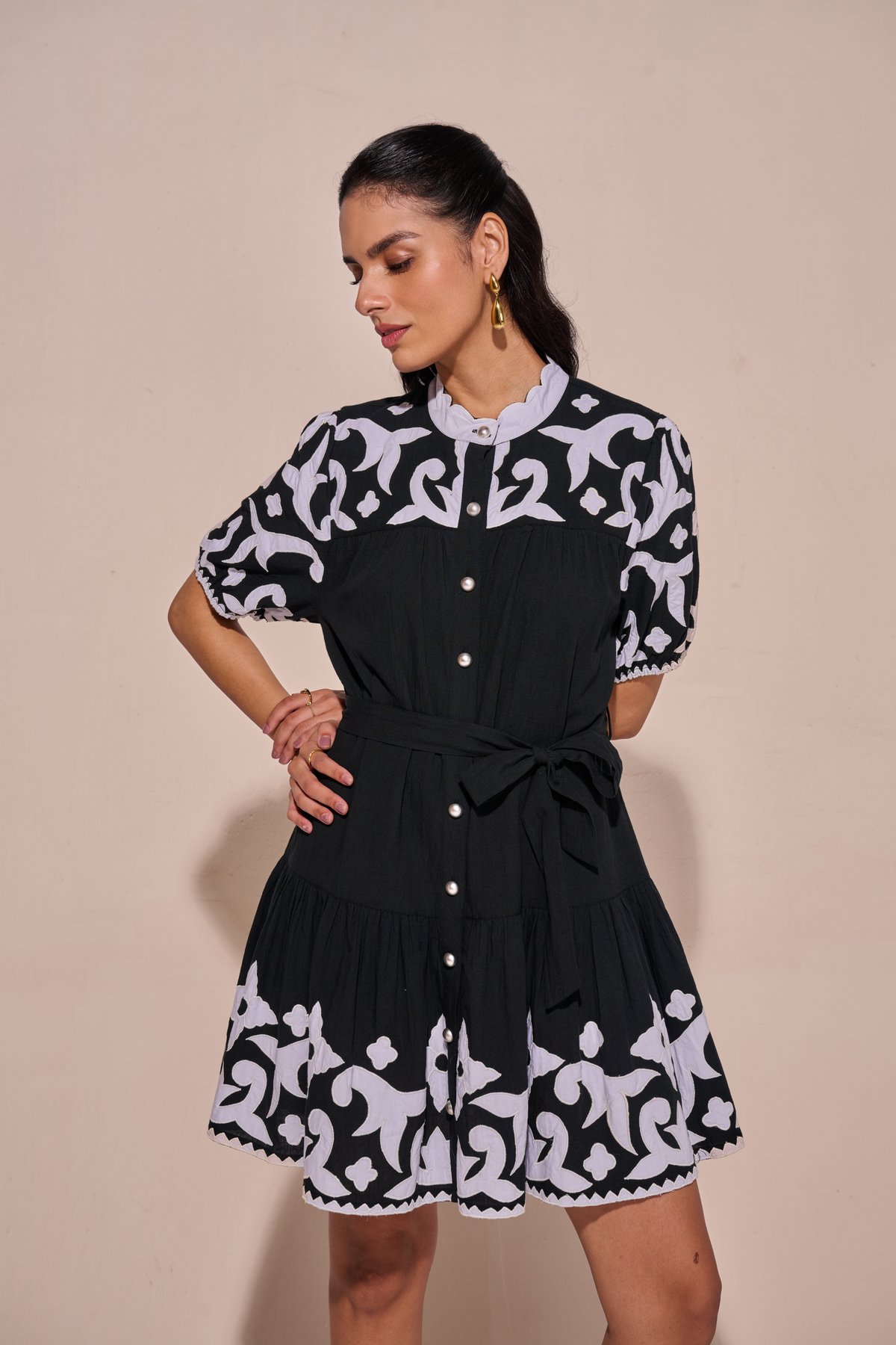 Black and White Printed Belted Shirt Dress