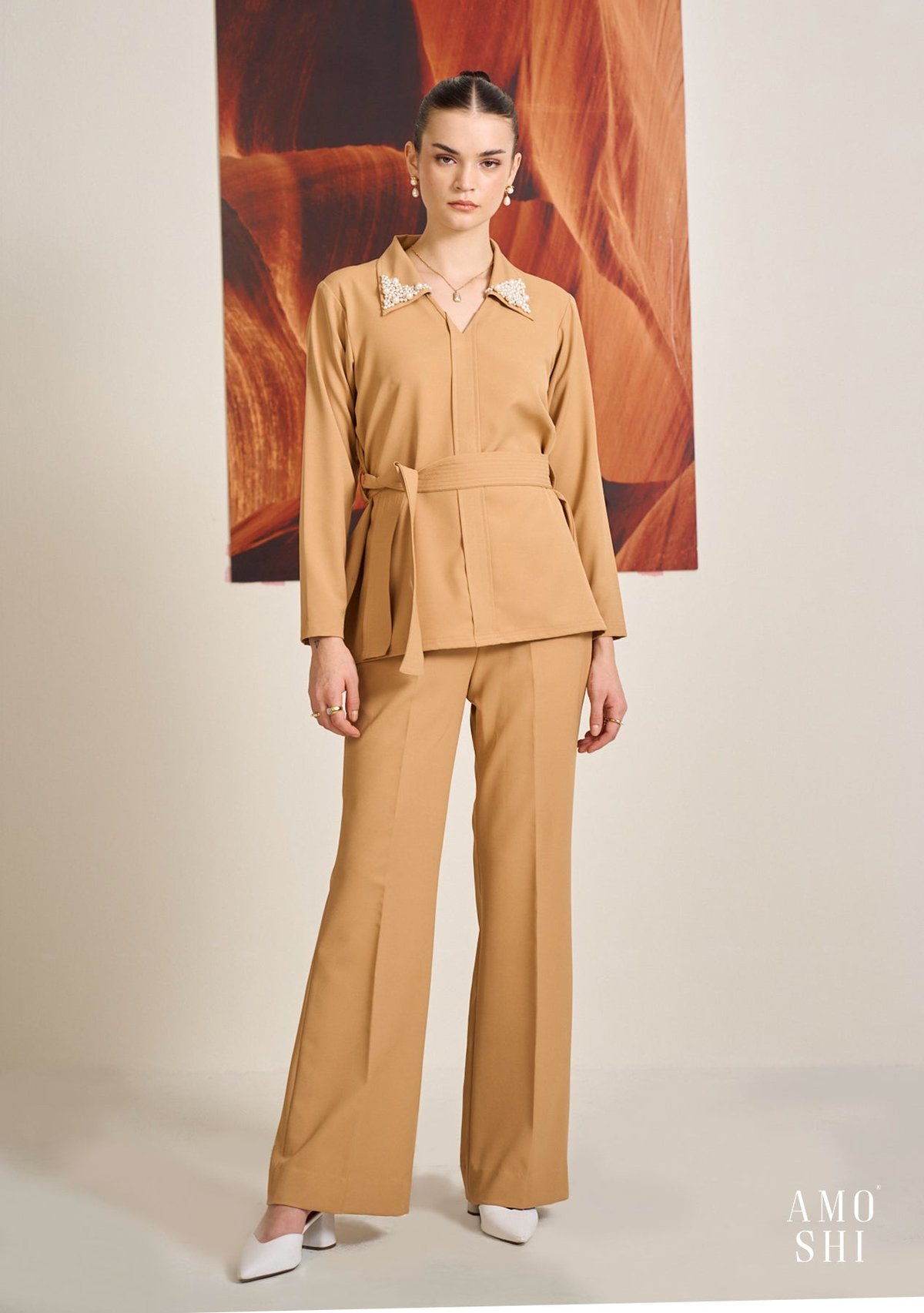 Tan Crepe Shirt and Flared Trousers Co-ord Set