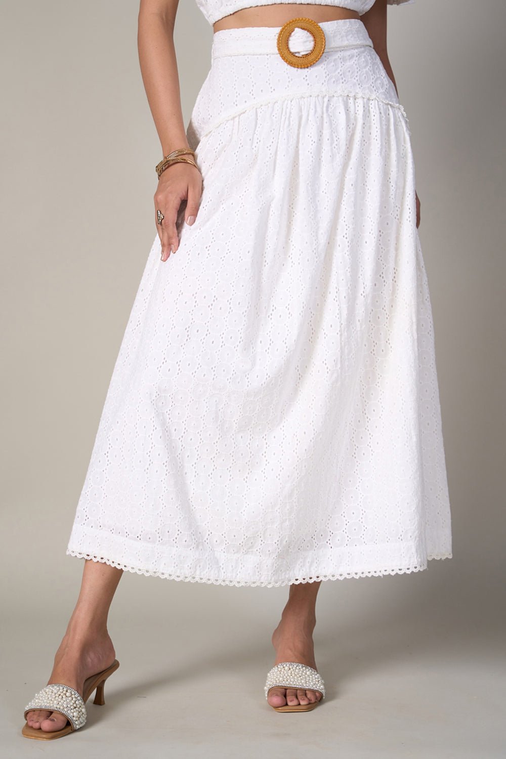 White Schiffli Belted Tiered Midi Skirt